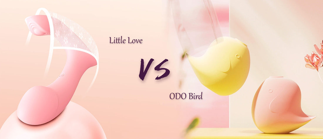 Beginner intimate toy comparison of Little Love wearable vibrator and ODO Bird clitoral stimulator, body safe skin-friendly silicone toys for self-care