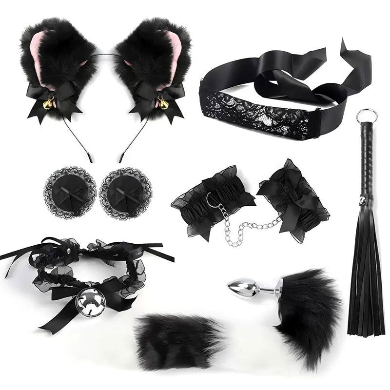 Wondebliss black cat 7-piece bondage set lace edition full display