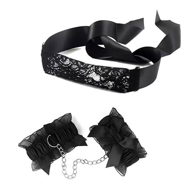 Wondebliss black cat bondage lace eye mask and handcuffs detail from 7-piece set
