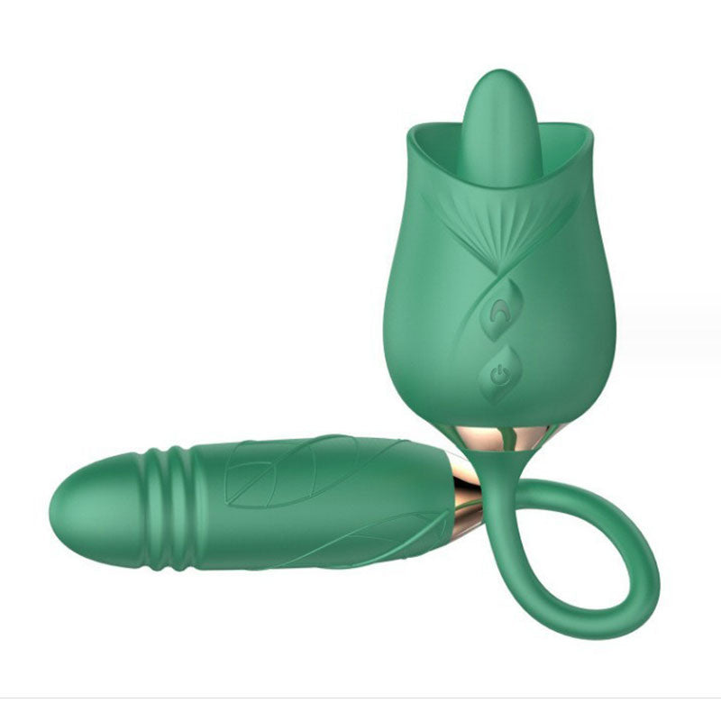 Wondebliss BloomGarden III Rose Tongue Vibrator Green - Front View, Elegant Rose Design