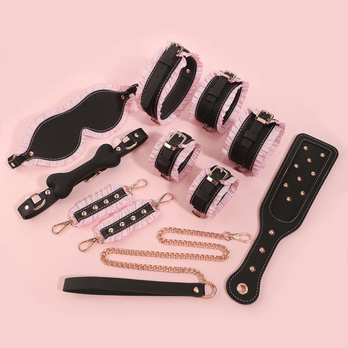 Wondebliss 6-piece black and pink lace bondage restraint set, full collection laid flat