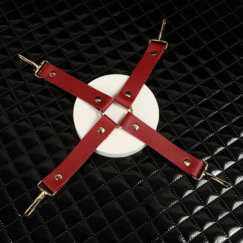 Wondebliss bondage cross connector with metal hardware for restraint positioning