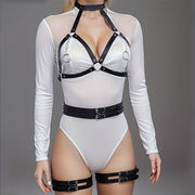 Wondebliss faux leather bondage harness set front view showing adjustable strap structure
