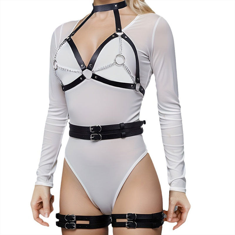 Wondebliss faux leather bondage harness set side view showing strap fit and layering
