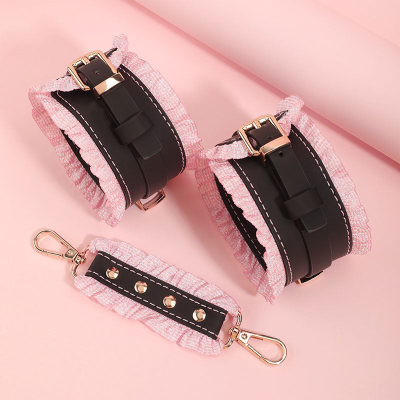 Wondebliss black and pink lace ankle cuffs from 6-piece bondage restraint set