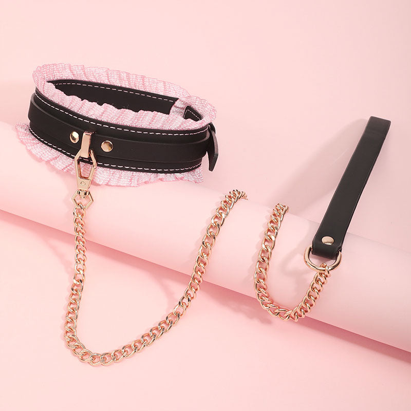 Wondebliss black lace collar with pink trim, part of 6-piece bondage set