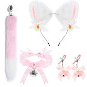 Wondebliss cat 4-piece bondage set pink long fur style, ear, tail plug, collar and nipple clamps