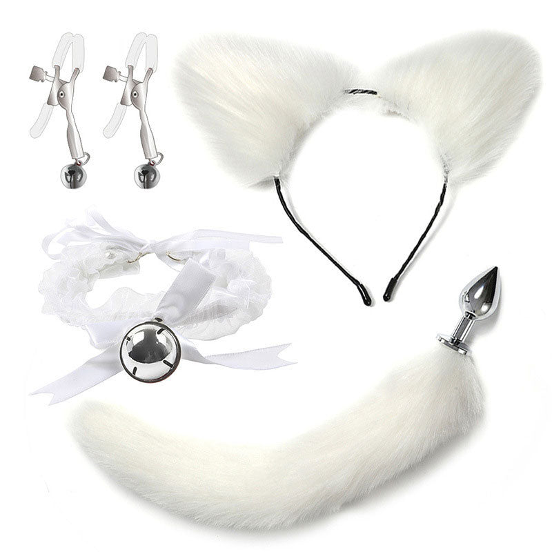 Wondebliss cat 4-piece bondage set white long fur style, ear, tail plug, collar and nipple clamps