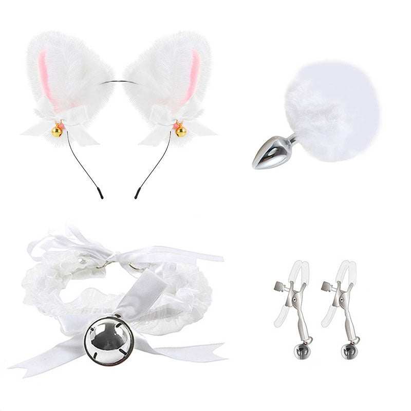 Wondebliss cat 4-piece bondage set white short fur style, ear, tail plug, collar and nipple clamp