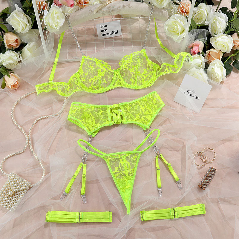 Wondebliss embroidered mesh lingerie 4-piece set, green full SKU product display