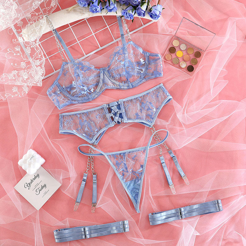 Wondebliss embroidered mesh lingerie 4-piece set, light blue full SKU product display