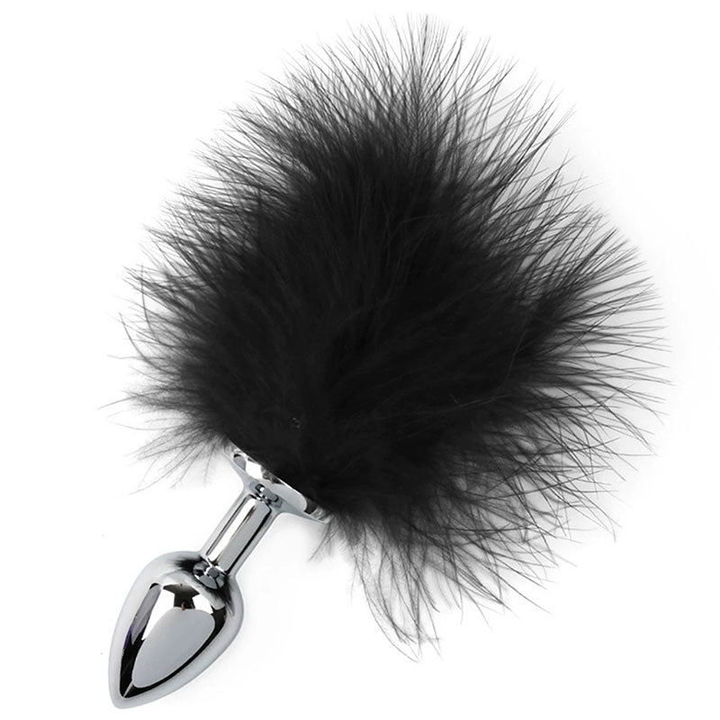Wondebliss black metal feather anal plug with soft natural feather decoration
