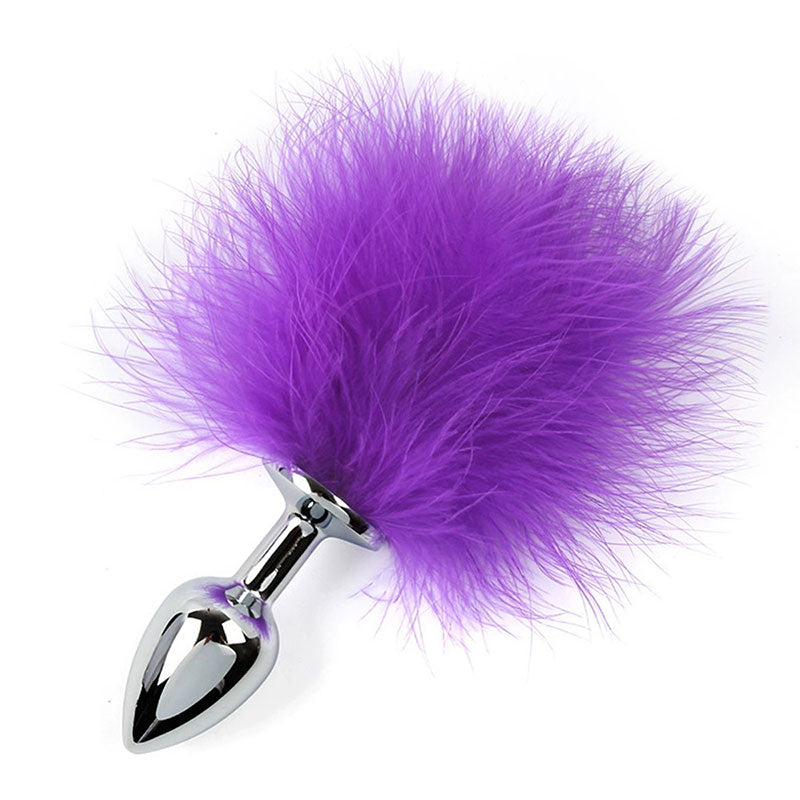 Wondebliss purple metal feather anal plug with soft natural feather decoration