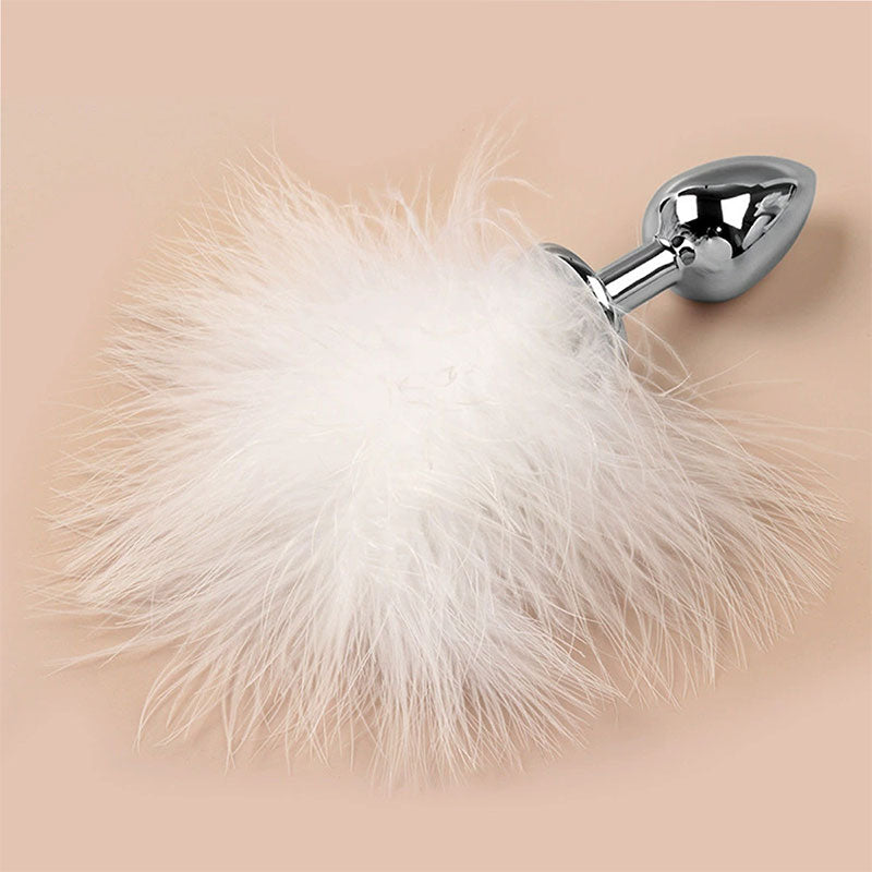 Wondebliss white metal feather anal plug with soft natural feather decoration