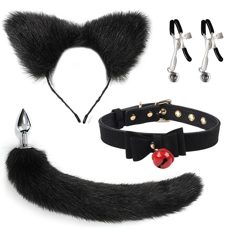 Wondebliss black fox cat 4-piece bondage set, ear headband, tail, collar and nipple toy