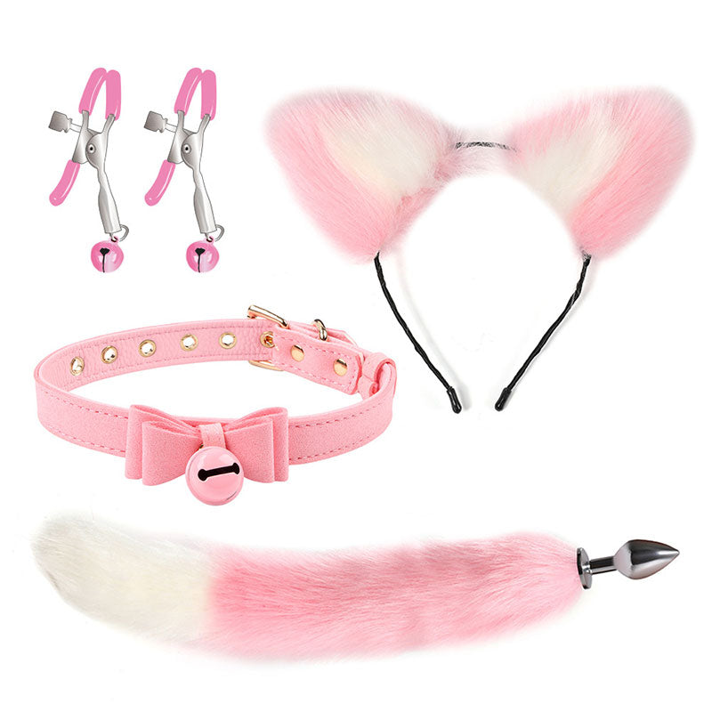 Wondebliss pink fox cat 4-piece bondage set, ear headband, tail, collar and nipple toy
