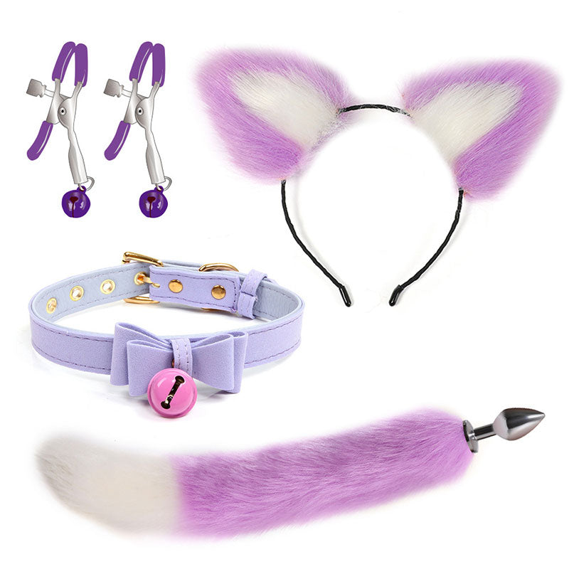 Wondebliss purple fox cat 4-piece bondage set, ear headband, tail, collar and nipple toy