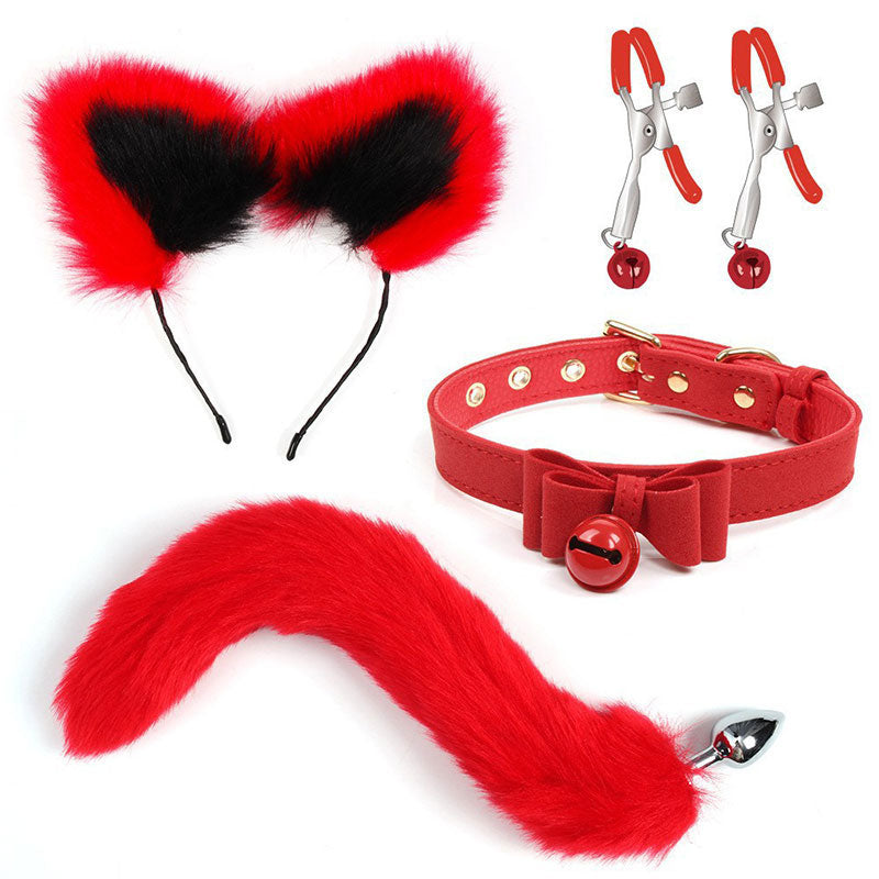 Wondebliss red fox cat 4-piece bondage set, ear headband, tail, collar and nipple toy