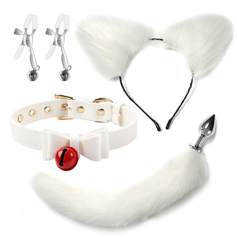 Wondebliss white fox cat 4-piece bondage set, ear headband, tail, collar and nipple toy