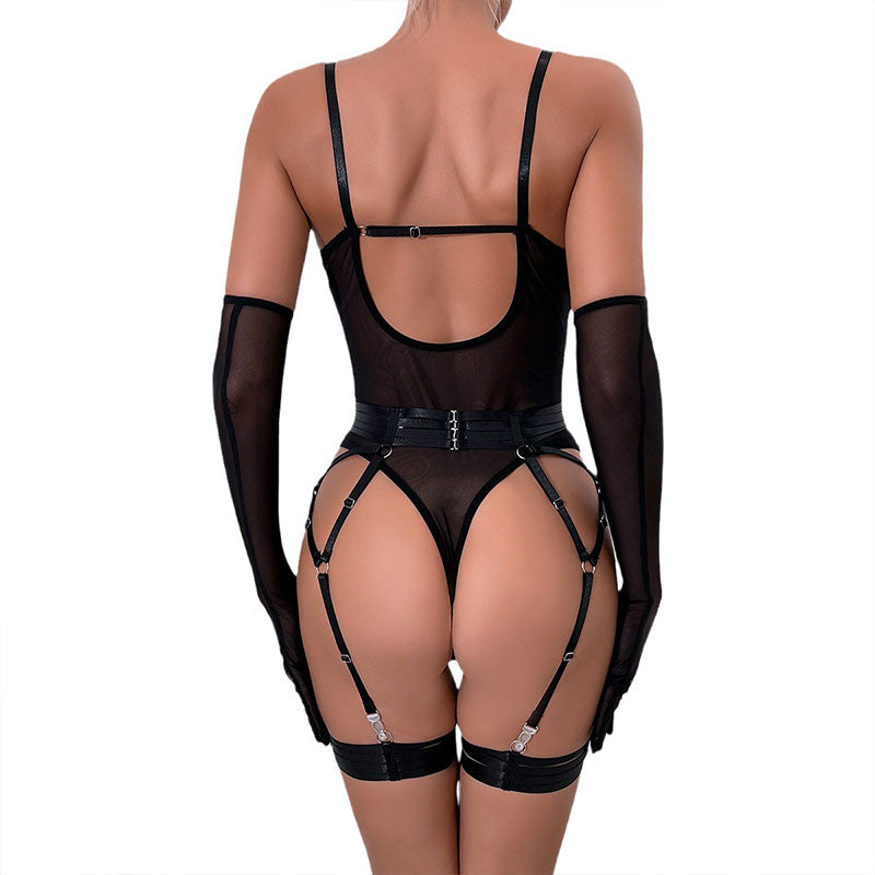 Wondebliss black lingerie back view, sleek strappy design and bodycon fit