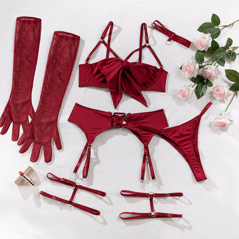 Wondebliss red lingerie model view, elegant four-piece set
