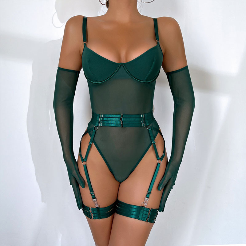 Wondebliss green lingerie front view, bodycon strappy splicing three-piece set