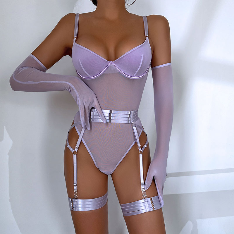 Wondebliss purple lingerie front view, strappy splicing slim fit three-piece set