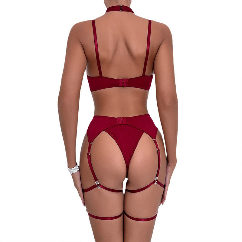 Wondebliss red lingerie side view, garter belt detailing