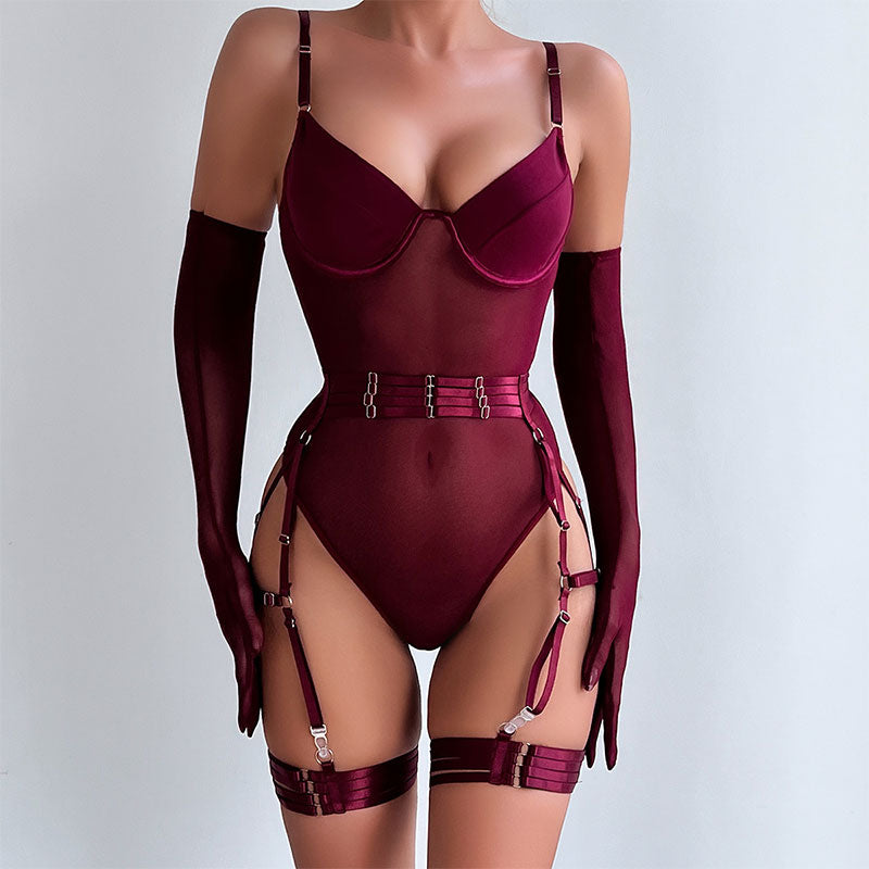 Wondebliss red lingerie three-piece set with gloves, strappy splicing slim fit design