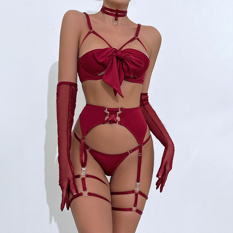 Wondebliss red lingerie 4-piece set with garters, hollow push-up design