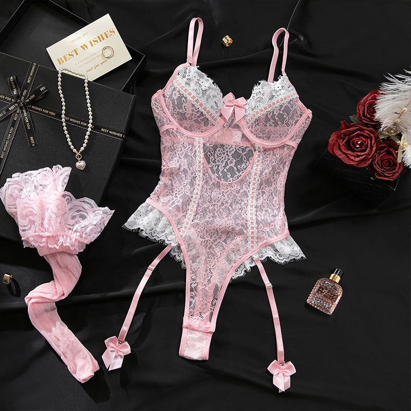 WONDEBLISS pink ruffle lace bodysuit full set layout