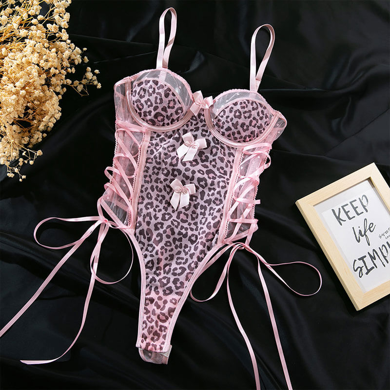 Full set SKU product flat lay of Wondebliss pink leopard print bodysuit lingerie