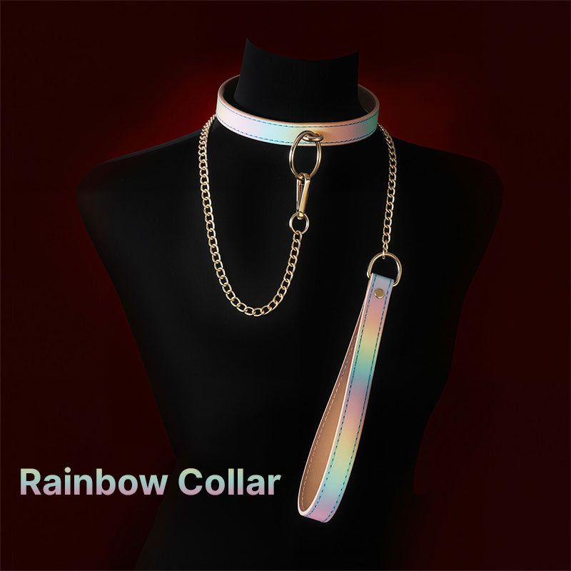 Wondebliss rainbow faux leather collar worn display from 8-piece bondage set