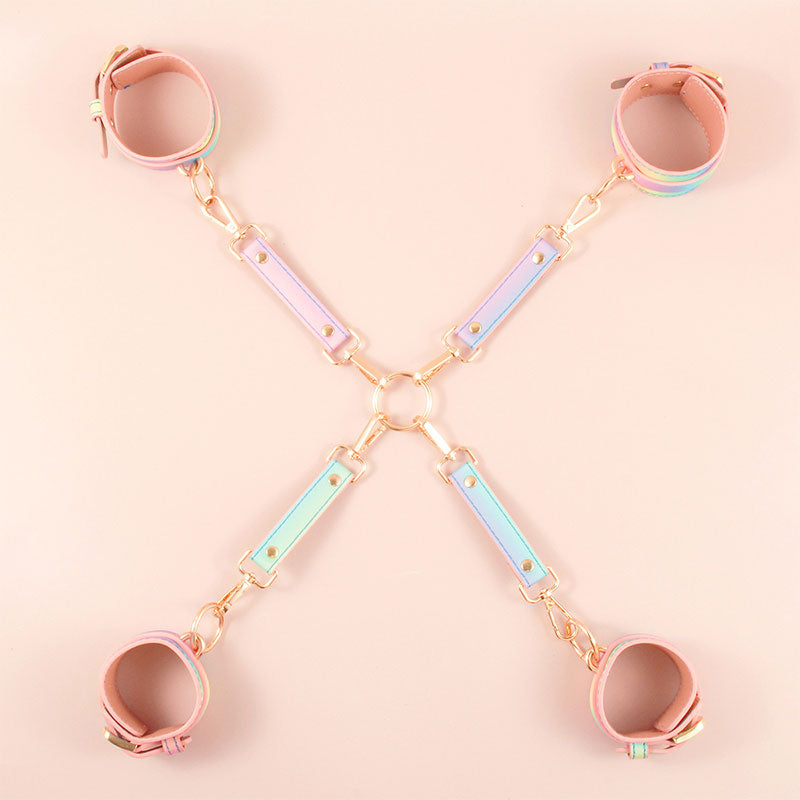 Wondebliss rainbow bondage handcuffs, ankle cuffs and cross connector combined restraint display