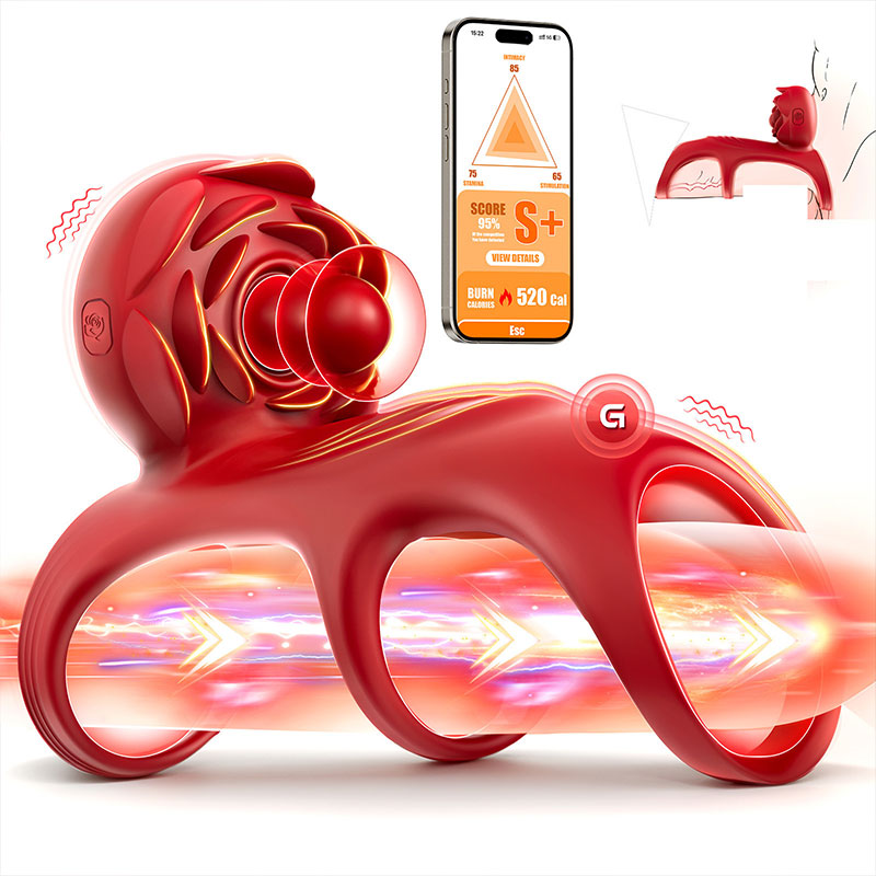 WONDEBLISS Rose 3-in-1 vibrating cock ring red color detail photo