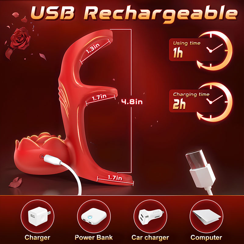 WONDEBLISS Rose 3-in-1 vibrating cock ring USB charging cable detail