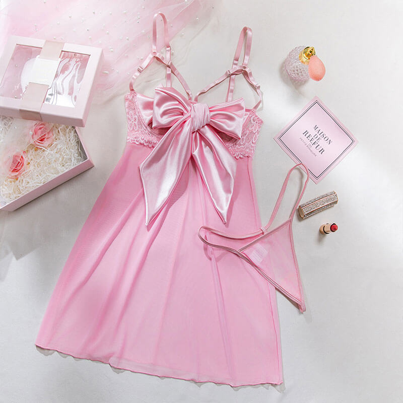 Wondebliss sheer lace night dress pink color full SKU product display