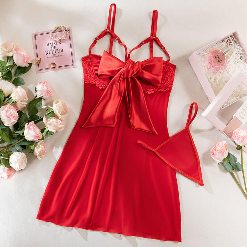 Wondebliss sheer lace night dress red color full SKU product display