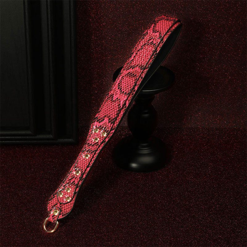 Wondebliss fuchsia snake print faux leather spanking paddle full product view
