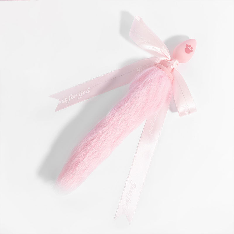 Wondebliss pink bow long tail anal plug with fluffy tail and bow decoration
