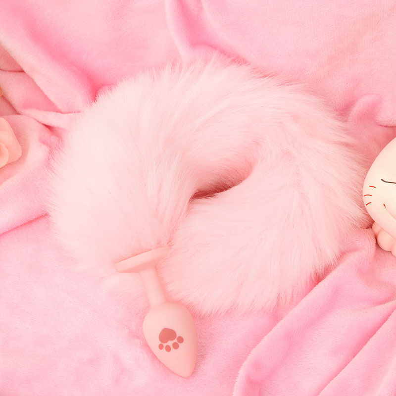 Wondebliss pink long fur tail anal plug with soft fluffy pink fur tail