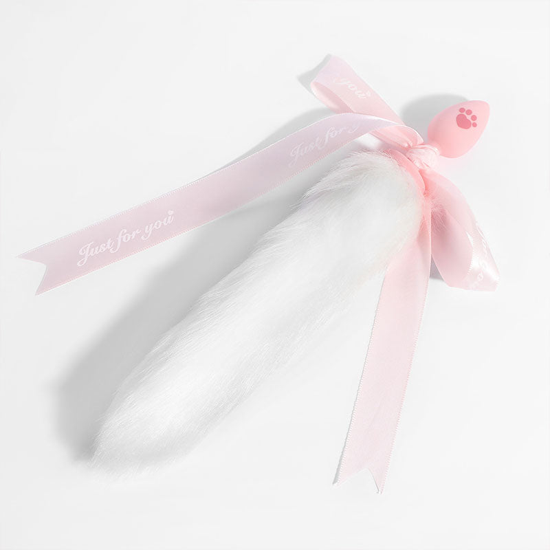 Wondebliss white bow long tail anal plug with fluffy tail and bow decoration