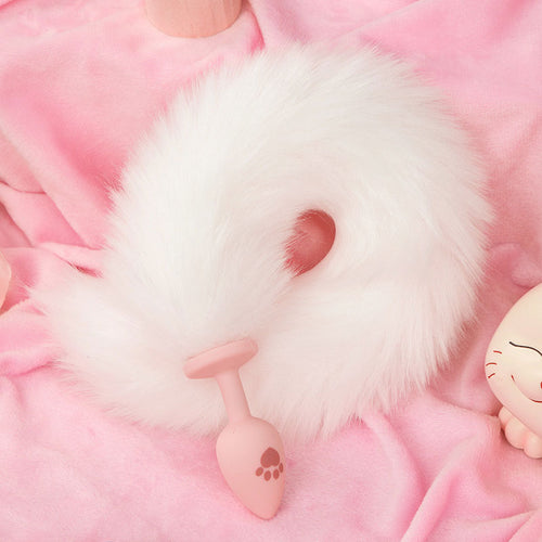 Wondebliss white long fur tail anal plug with soft fluffy white fur tail