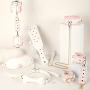 Wondebliss white and pink 6-piece bondage set full collection laid flat