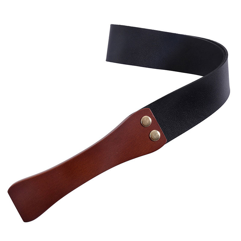 Wondebliss black wooden handle faux leather spanking paddle full product view