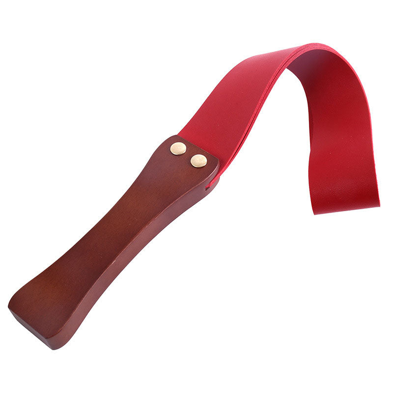 Wondebliss red wooden handle faux leather spanking paddle full product view